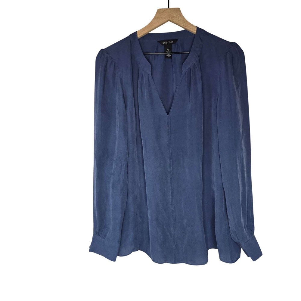 White House Black Market Silk V-Neck Blouse Women 12 Blue Chic Workwear
